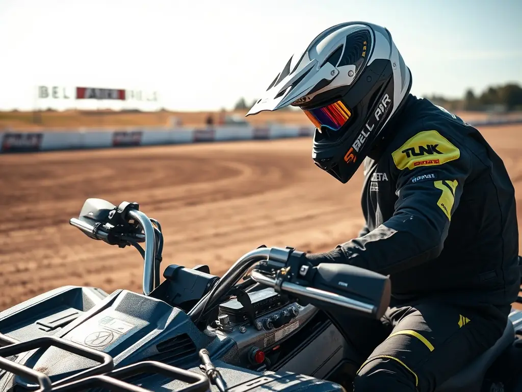 An image of a rider wearing full safety gear, including helmet, goggles, and protective padding, inspecting their quad bike before a session at the Bel-Air circuit. The image underscores the importance of personal safety and equipment maintenance.