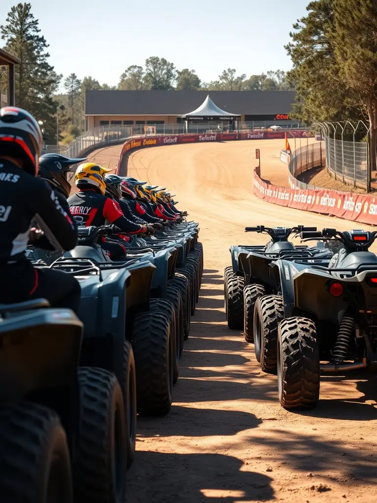 Image of quad bikes lined up at the starting line of the Bel-Air circuit, ready for a race.